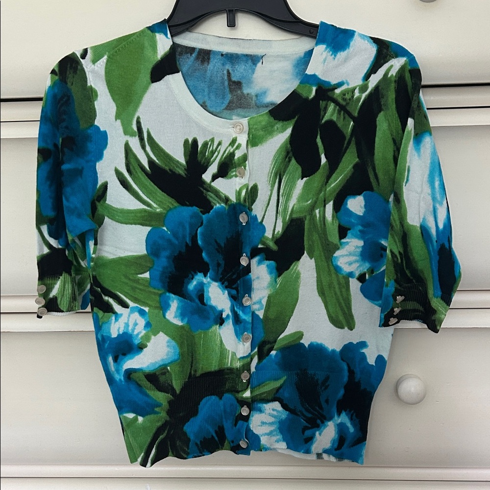 Floral Button-Front Women's Top in Blue & Green